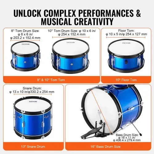VEVOR Schlagzeugset für Kinder, 5-teilig, Anfänger-Schlagzeugset mit Bass-Toms, Snare, Standtrommel, verstellbarem Thron-Becken, Hi-Hat-Pedal und zwei Paar Drumsticks, Schlagzeugset für Kinder, blau – Bild 2