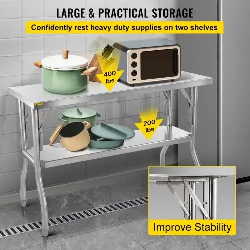 VEVOR Arbeitstisch Küche, 1220 x 610 x 850 mm Arbeitstisch Gastro 2-lagiger Zubereitungstisch Edelstahl Gastro Tisch, Essenszubereitung Gewerbe Küchentisch Lebensmittel Küchentisch Edelstahltisch – Bild 3