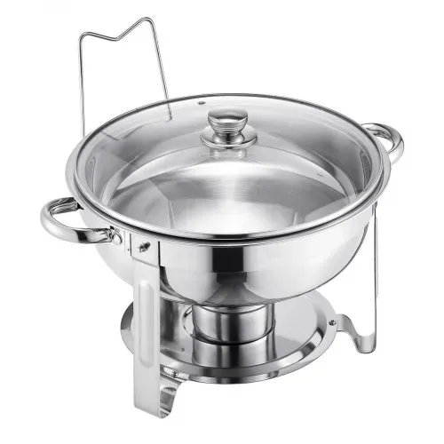 VEVOR Chafing Dish Buffet Speisenwärmer mit 2 Behältern in voller Größe (4,7 L pro), runder Catering-Wärmespender mit Glasdeckel & Wasserpfanne & klappbarer Ständer, für Buffet Partys Silber – Bild 8