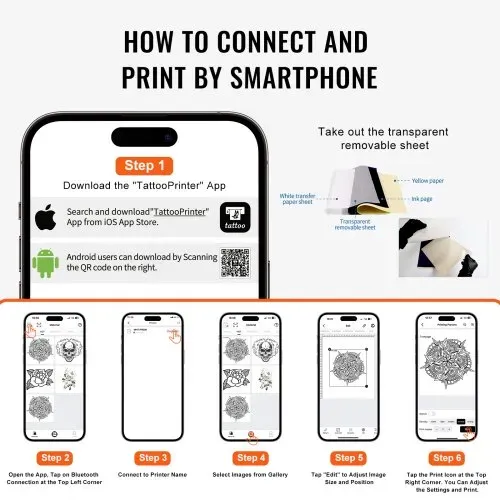 VEVOR Tattoo-Transfer-Schablonendrucker, Kabelloser Bluetooth-Tattoo-Schablonendrucker mit 10-teiligem Transferpapier und Stoffbeutel, Tragbarer Tattoo-Drucker für Android- und iOS-Telefon – Bild 5