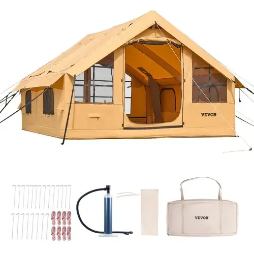 VEVOR Aufblasbares Zelt für Camping, 5-8 Personen Zelt mit Handpumpe, 4x3x2,2 m Glamping-Zelt mit 2 Oberlichtern, Baldachin, Ofenanschluss, 2 Türen, Netzfenstern & Aufbewahrungstasche – Bild 8