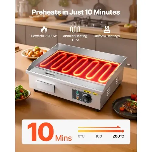 VEVOR Elektrogrill gewerbliche Grillplatte (535 x 300 mm) 3200 W mit 50-300 °C einstellbarer Temperaturregelung, Bratplatte Griddleplatte mit 2 Spachteln & 2 Bürsten & 4 Fußpolstern für Steak – Bild 2