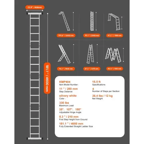 VEVOR Mehrzweckleiter, 7-in-1-Multifunktionsleiter, Teleskopleiter mit A-Rahmen und 4 Stufen, Leitergerüst 4600 mm, verstellbare Hochleistungsleiter, 150 kg Tragkraft für den Außenbereich zu Hause – Bild 6