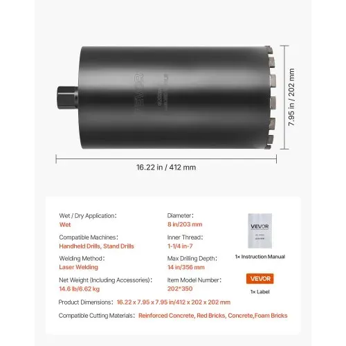 VEVOR Kernbohrer Bohrkrone φ 203 mm 356 mm Bohrtiefe, 1-1/4 Zoll-7 Innengewinde, Hochpräzisions-Schweißtechnologie, Nass-Diamantkernbohrer Kernlochbohrer für Stahlbeton Ziegel Mauerwerk – Bild 6