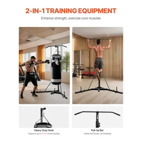 VEVOR 2 in 1 Boxsackständer Trainingsgerät Sandsackgestell aus Stahl, höhenverstellbare Boxsackhalterung mit Klimmzugstang (65 kg belastbar), freistehendes Fitnessgerät für Fitness-Studio Schwarz VEVOR 2 in 1 Boxsackständer Trainingsgerät Sandsackgestell aus Stahl, höhenverstellbare Boxsackhalterung mit Klimmzugstang (65 kg belastbar), freistehendes Fitnessgerät für Fitness-Studio Schwarz