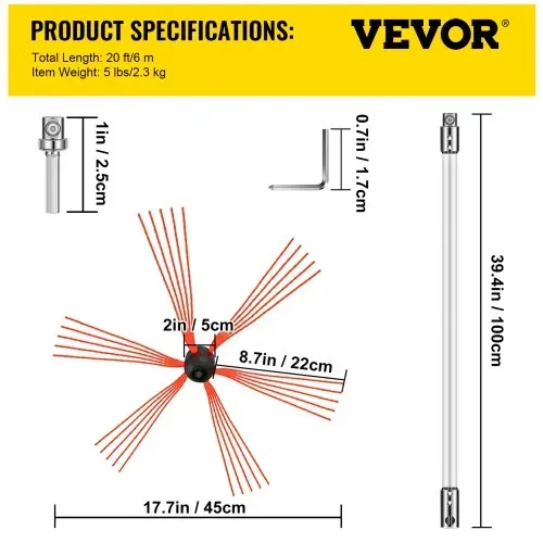 VEVOR Schornsteinbürste Nylon Kaminbürste Ofenrohrbürste 6 M Professionelle Armaturen Edelstahl mit flexiblen Nylonstangen – Bild 6