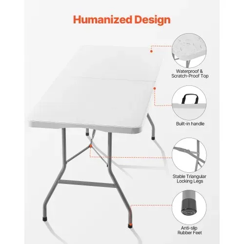 VEVOR Klapptisch Buffettisch tragbarer Allzwecktisch 180 cm, rechteckiger Kunststofftisch (für 4-6 Personen) mit integriertem Griff, Gartentisch Campingtisch für Partys Picknick Camping, weiß – Bild 5