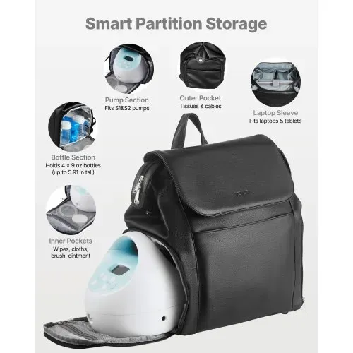VEVOR Milchpumpen-Rucksack, 320x200x340 mm, mit Kühlakku, passend für S1/S2, Pumpzubehör und Muttermilchaufbewahrung, Wickelrucksack für Arbeit, Reisen und Familiengebrauch, Schwarz – Bild 4