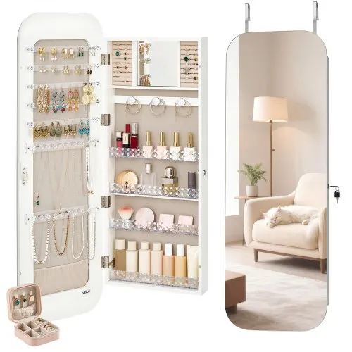 VEVOR Schmuckschrank 108 vm hoch, Ganzkörperspiegel mit Stauraum, Wandmontage/über der Tür, Schmuckschrank-Organizer, abgerundetes Design, abschließbar mit 2 Schlüsseln & Reise-Organizer, weiß VEVOR Schmuckschrank 108 vm hoch, Ganzkörperspiegel mit Stauraum, Wandmontage/über der Tür, Schmuckschrank-Organizer, abgerundetes Design, abschließbar mit 2 Schlüsseln & Reise-Organizer, weiß