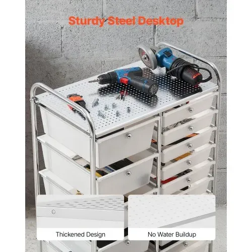 VEVOR Rollwagen mit 15 Schubladen Rollcontainer Doppelreihe 635x390x965mm, Metallgestell, Ablagefläche, Handgriffe, Lenkrolle mit 2 Bremsen, Mobiler Aufbewahrungswagen für Büro Werkstatt Bastelzimmer – Bild 3