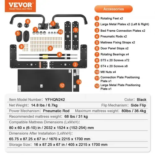 VEVOR Schrankbettfedern Mechanismus 1670 x 2215 x 1700 mm, Murphy-Bett-Bausatz, Queen Deluxe, DIY-Bausatz mechanische Hardware für Wandbetten, pneumatische Hebel-Bettstütze, Klappschrank-Wandbett – Bild 6