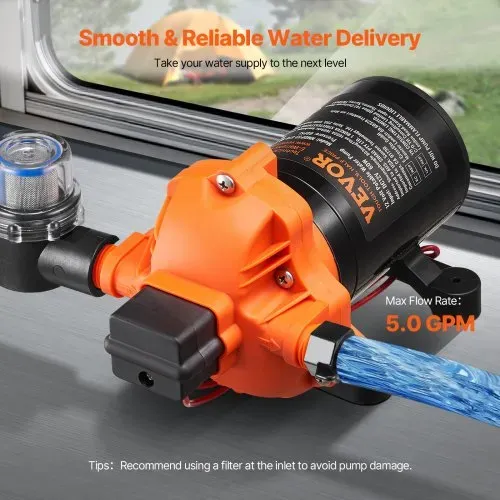 VEVOR 12-V-Membranpumpe, 18,93 L/min, 5-Kammer-DC-Wasserpumpe mit automatischem Druckschalter 40–100 PSI einstellbar, 70 PSI, 1/2 Zoll MNPT-Anschluss, für Wohnmobil, Yacht, Imbisswagen, Camper, Marine – Bild 4