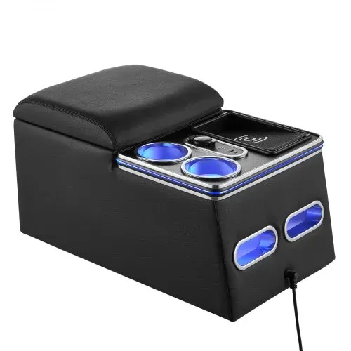 VEVOR Universal Mittelkonsole für die Rücksitzbank Kabelloses Laden Schwarz für Smartphones, 7-Farben Ambientebeleuchtung, 5 V/3 A QC, 5 V/3 A PD über USB-C, 12-24-V-Buchse, Handyhalterungen, Staufach – Bild 8