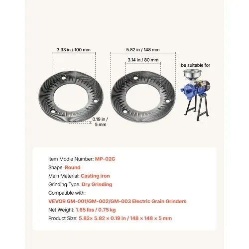 VEVOR Ersatz-Mahlscheiben 2er Set für VEVOR GM-001, GM-002, GM-003 Mais- und Gewürzmühlen, Mahlplatten für Trockenmahlung, Passend für Mais, Getreide & Gewürze, Trockenmahlscheiben aus Gusseisen – Bild 6