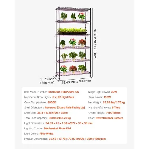 VEVOR Pflanzenregal mit Wachstumslichtern, 6-stufiger Pflanzenständer für Zimmerpflanzen mit Rädern & Timer, 150W 3800K Vollspektrum Licht, Metall-Blumenregal für die Samenanzucht, 90x35x180cm – Bild 6