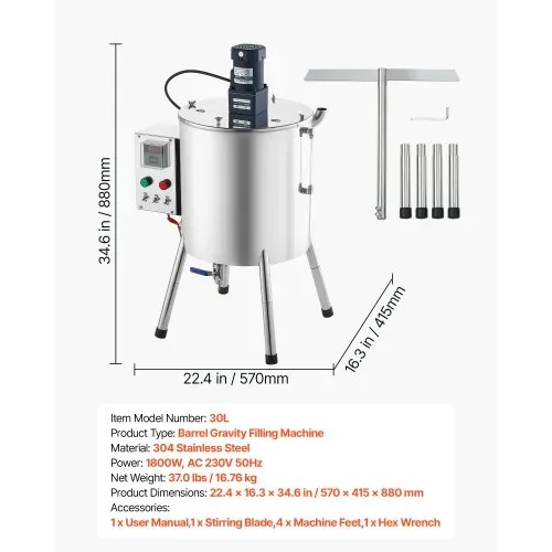 VEVOR Elektrische Abfüllmaschine Flaschenabfüllmaschine mit 30L Trichter, Abfüllanlage für Kerzenwachs & Kosmetik, Edelstahlgehäuse, Heiz- & Mischfunktion, Temperaturregelung, T-förmiges Mischmesser – Bild 6