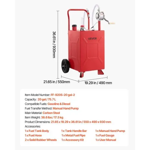 VEVOR 75,7L Kraftstofftrolley Mobile Tankanlage mit Manueller Pumpe Rot, Tragbarer Kraftstoffbehälter für Auto Rasenmäher Boot, Mit 2 Rollen & Ölstandsanzeige, Für Benzin & Diesel, Kohlenstoffstahl – Bild 6