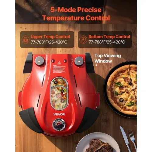 VEVOR Pizzaofen elektrischer Pizzamaker 1200 W Pizzakocher mit Cordieritstein, 5-stufige Temperaturregelung, Sichtfenster für präzises Kochen, erhitzt bis zu 420 °C, Backofen für Zuhause (rot) – Bild 3