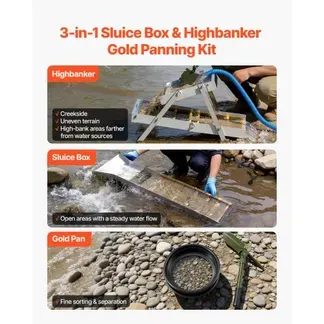 VEVOR Highbanker Goldwaschset 127 cm (50 Zoll), 3-in-1 Faltbare Goldwaschrinne aus Aluminiumlegierung, 26-tlg. Tragbares Prospektionsset mit Goldwaschpfannen, Klassiersieb, Magnet, Rucksack, Zubehör VEVOR Highbanker Goldwaschset 127 cm (50 Zoll), 3-in-1 Faltbare Goldwaschrinne aus Aluminiumlegierung, 26-tlg. Tragbares Prospektionsset mit Goldwaschpfannen, Klassiersieb, Magnet, Rucksack, Zubehör