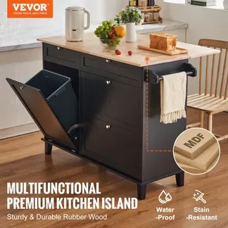 VEVOR Kücheninselwagen, 128 cm Frühstücksbar mit Holzplatte und ausklappbarem Müllschrank, 10 Gal Stauraum, Bauernhaus-Ess-/Wohnzimmertisch mit Klappplatte, Handtuchhalter, Schublade, schwarz VEVOR Kücheninselwagen, 128 cm Frühstücksbar mit Holzplatte und ausklappbarem Müllschrank, 10 Gal Stauraum, Bauernhaus-Ess-/Wohnzimmertisch mit Klappplatte, Handtuchhalter, Schublade, schwarz