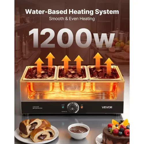 VEVOR Schokoladenschmelzmaschine 3 Abnehmbare Behälter Edelstahl 1,2 kW, für Bäckereien, Konditoreien und Restaurants, mit Temperaturregelung 30–85 ℃, Trockenlaufschutz, Schokoladentempiermaschine – Bild 2