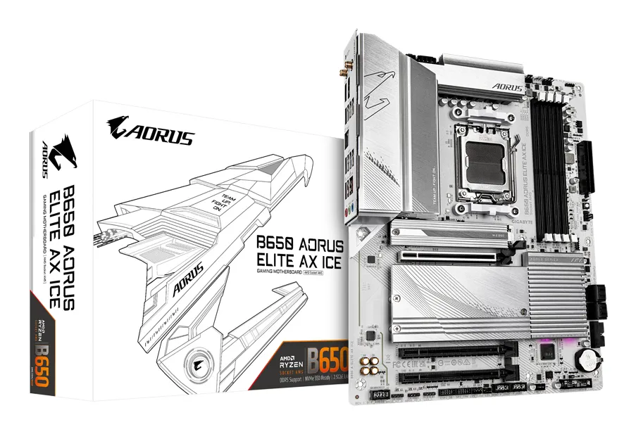 GIGABYTE B650 AORUS ELITE AX ICE Mainboard – Unterstützt AMD Ryzen 9000 CPUs, 12+2+2 Phasen digitales VRM, bis zu 8000 MHz DDR5 (OC), 1xPCIe 5.0 + 2xPCIe 4.0 M.2, Wi-Fi 6E, 2.5GbE LAN, USB 3.2 Gen 2×2 GIGABYTE B650 AORUS ELITE AX ICE Mainboard – Unterstützt AMD Ryzen 9000 CPUs, 12+2+2 Phasen digitales VRM, bis zu 8000 MHz DDR5 (OC), 1xPCIe 5.0 + 2xPCIe 4.0 M.2, Wi-Fi 6E, 2.5GbE LAN, USB 3.2 Gen 2×2