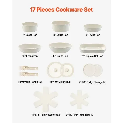 VEVOR Induktion Töpfe Pfannen Set (17-teilig) mit Glasdeckel antihaftbeschichtetes Kochgeschirr mit abnehmbarem Griff, Induktionskochtöpfe zum Braten, Würzen von Soßen und Kochen (Weiß) VEVOR Induktion Töpfe Pfannen Set (17-teilig) mit Glasdeckel antihaftbeschichtetes Kochgeschirr mit abnehmbarem Griff, Induktionskochtöpfe zum Braten, Würzen von Soßen und Kochen (Weiß)