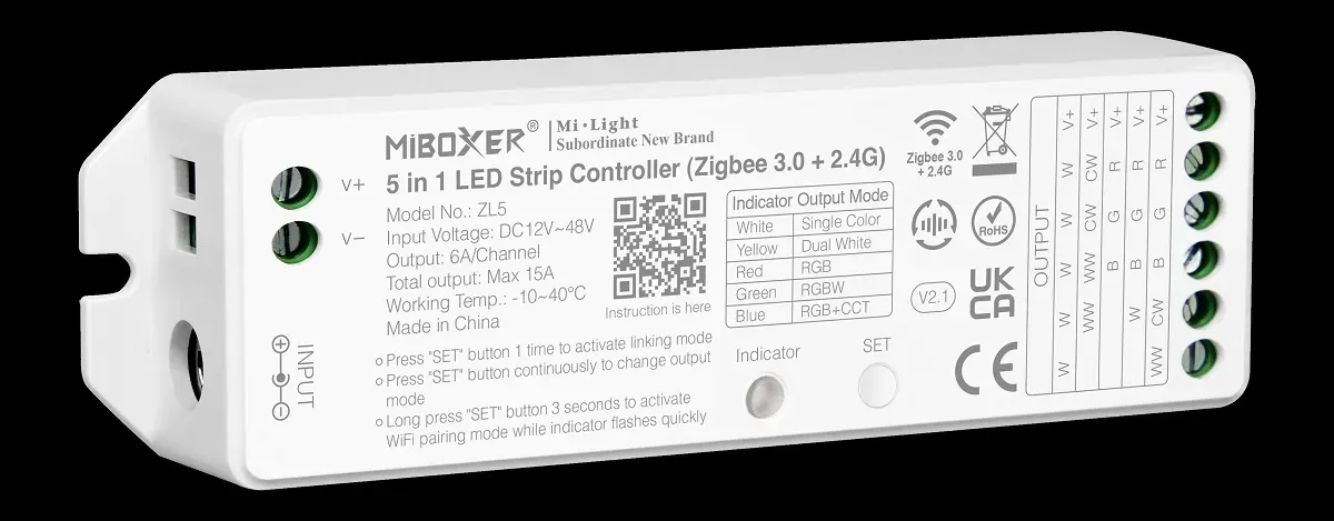 MiBoxer ZL5 LED Controller 5in1 RGB-WW (RGB-CCT) DC12~48V Zigbee 3.0/2.4G MiBoxer ZL5 LED Controller 5in1 RGB-WW (RGB-CCT) DC12~48V Zigbee 3.0/2.4G