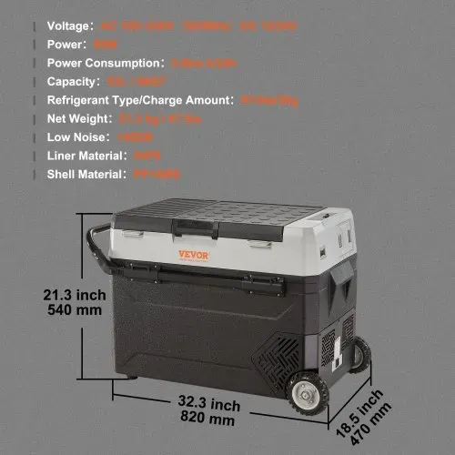 VEVOR Camping Kühlschrank 53 L Kühlbox, 12 / 24 V Rollbare Elektrische Gefrierbox 2 in 1 Doppelzone, Auto Kühlschrank Kompressor zum Warmhalten und Kühlen 60 W Tragbar Handgriff Boot, Lkw, Mobil Grau – Bild 6