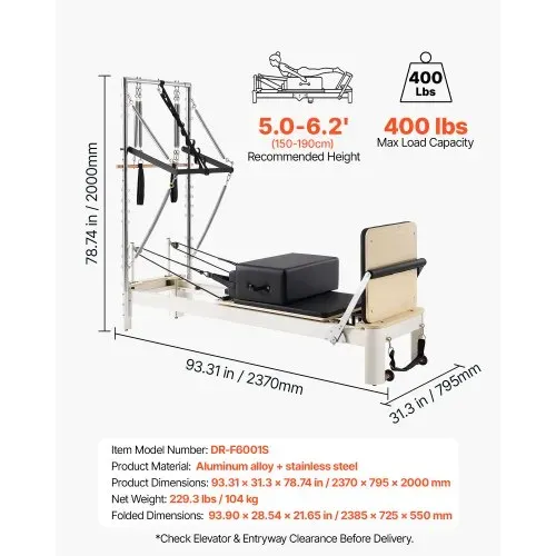 VEVOR Pilates Reformer mit Half Tower 2370x795x200 mm Aluminiumlegierung Ideal für Heimgebrauch & Fitnessstudio, bis 181 kg Belastbar, mit Jumpboard, Federn, Pilates-Box und Verstellbarer Kopfstütze – Bild 6