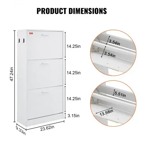 VEVOR Schuhschrank Schmal, Schuhregal Weiß, 600 x 237 x 1200 mm Schuhkipper mit 3 Klappen + oberem Staufach, Schuhkommode 45,35 kg Tragfähigkeit, Aufbewahrungsschrank Schuh Massivholz für Flur – Bild 2