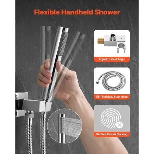 VEVOR Duscharmatur Regenduschsystem fürs Badezimmer Duschsystem mit 254 mm quadratischen Regenduschkopf & Handbrause, wandmontierte Badezimmerarmaturen mit Messingventil & Zierset, Silberchrom – Bild 2