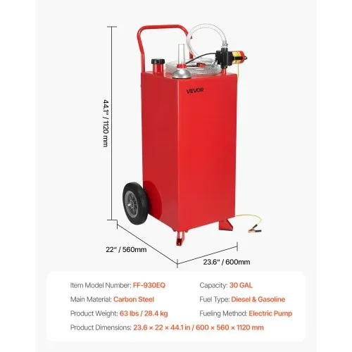 VEVOR 114 L Kraftstofftrolley, max. Durchfluss 32L/min, Dieseltank mit elektrischer Pumpe, Benzinkanister mit 2 Rädern & 3 m Schlauch, Gasbehälter für ATV, Auto, Rasenmäher, Boot, Motorrad, Rot – Bild 6