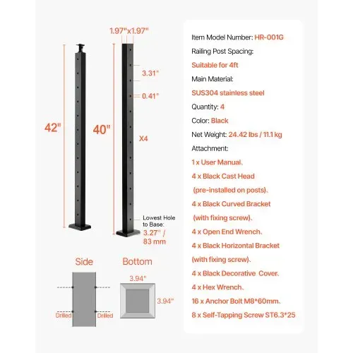 VEVOR Kabelgeländerpfosten, 4er-Pack, 1067x50,8x50,8 mm, vorgebohrtes horizontales Loch, Edelstahl SUS304, gebogene horizontale Halterung, für Handlauf, Balustrade, schwarz, 4JZLGZXHS106URZU0001V0 – Bild 6