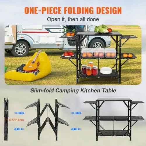 VEVOR Camping-Küchentisch, Aluminium, Faltbar, Tragbar, Outdoor-Kochstation mit 4 Eisenseiten, 2 Regalen und Tragetasche, Schnelle Installation für Picknick, Grillen, Strand, Reisen usw. – Bild 3