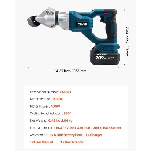 VEVOR Akku Metallschere, Blechschere mit 360°-Schwenkkopf, Doppelklingen, 220 VAC 20 VDC, schneidet 1,22 mm verzinkten Stahl, 1 mm Edelstahl, Aluminium, Kunststoff, Karton, 25000 U/min – Bild 6