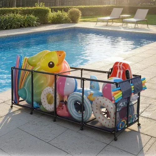VEVOR Pool Aufbewahrungsbehälter 2620x815x890 mm, Organizer mit Seitentaschen, Metallrahmen, Netzkorb, Aufbewahrungsbox, Organisationskorb, Aufbewahrungskorb, Aufbewahrungswagen für Poolspielzeug – Bild 7