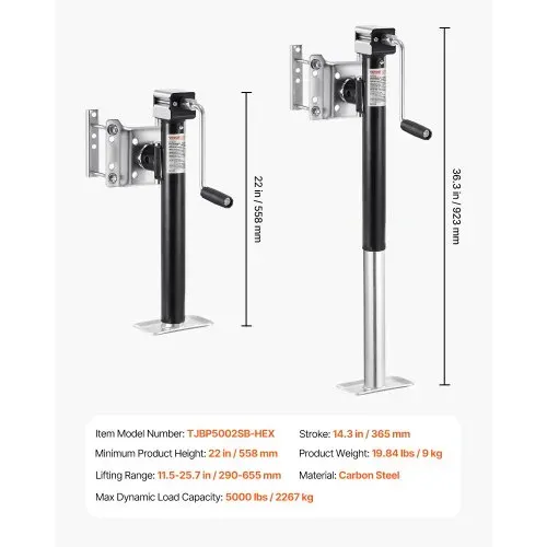VEVOR Anhängerheber, 2267 kg dynamische Tragkraft, Anhängerstütze, Reiseanhänger, Ausdrehstütze, 365 mm Hebeständer mit Griff für Wohnwagenanhänger, Pferdeanhänger, Nutzanhänger und Yachtanhänger – Bild 6