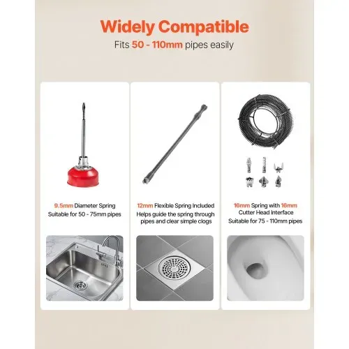 VEVOR Elektrische Rohrreinigungsmaschine, 500W, 1400U/min, Abflussreiniger, 2 Stk. 20mx16mm & 5mx9,5mm Federkabel, 0,4mx12mm flexible Feder & 6 Schneider, für Rohre mit 50–110mm Durchmesser – Bild 2