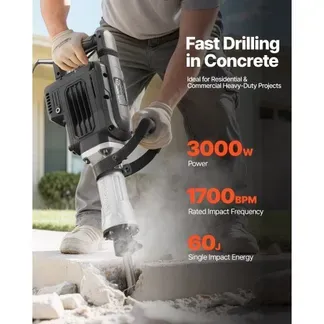 VEVOR Abbruchhammer 3000 W elektrischer Betonhammer, 1700 BPM Presslufthammer mit Spitzmeißel & Tragekoffer & Handschuhe & Schutzbrille, für Beton Wände Ziegel Fliesen Fundamente Schwarz VEVOR Abbruchhammer 3000 W elektrischer Betonhammer, 1700 BPM Presslufthammer mit Spitzmeißel & Tragekoffer & Handschuhe & Schutzbrille, für Beton Wände Ziegel Fliesen Fundamente Schwarz