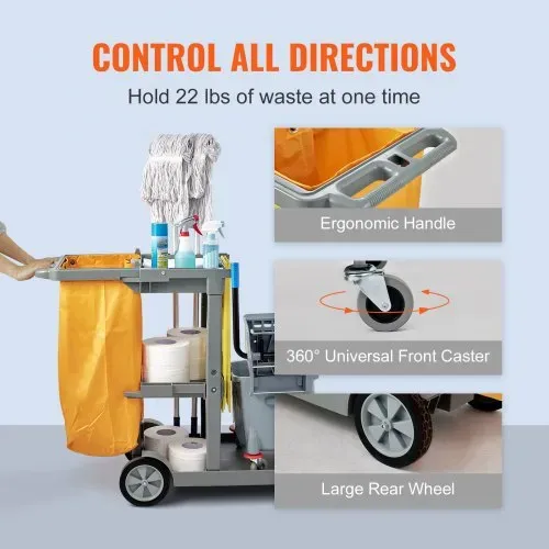 VEVOR Reinigungswagen Putzwagen mit 3 Fächern, Hygienewagen Reinigungswagen 90,7 kg Tragfähigkeit, Grau PP Wischwagen Systemwagen mit PVC-Müllsack, Geeignet für Büros, Einkaufszentren, Hotels – Bild 5