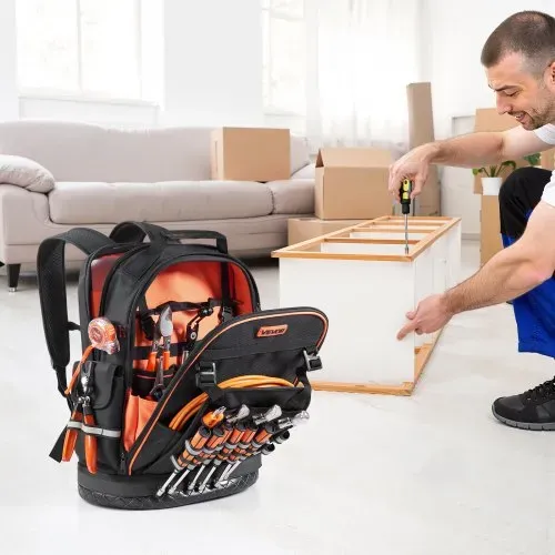 VEVOR Werkzeugrucksack, 64 Taschen, Werkzeug-Aufbewahrungs-Organizer, Backpack mit Laptopfach & geformtem Boden, Baustellenrucksack für Elektriker, Reparaturarbeiter & Heizungstechniker – Bild 7