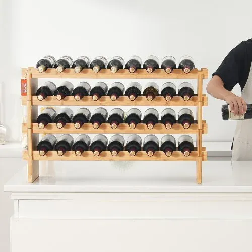 VEVOR Weinregal stapelbar 36 Flaschen, stabiles Flaschenregal, 4-stufiges Lagerregal aus massivem Bambusholz, freistehendes Weinregal, wackelfreie Regale für Küche, Bar und Keller (natürliche Farbe) – Bild 7
