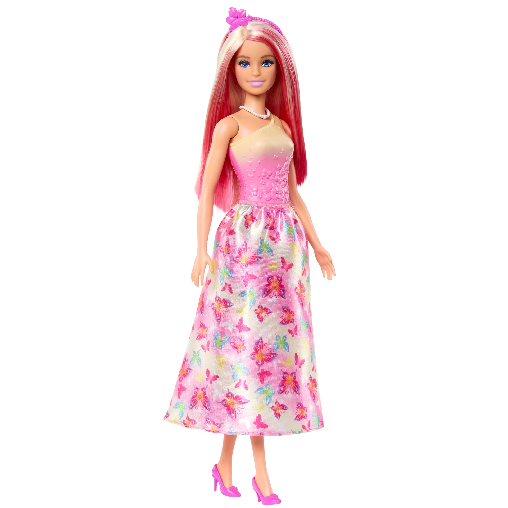 Barbie A Touch of Magic Royal-Puppe mit Haaren in Pink und Blond, Rock mit Schmetterlingsmuster und Zubehör Barbie A Touch of Magic Royal-Puppe mit Haaren in Pink und Blond, Rock mit Schmetterlingsmuster und Zubehör