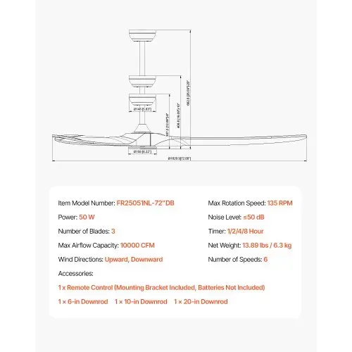 VEVOR 180 cm Deckenventilator ohne Licht, 6-Gang-Fernbedienung, 3 Holzflügel, umkehrbarer Gleichstrommotor, Außenventilator für Schlafzimmer, Wohnzimmer, Terrasse, Innen-/Außenbereich, Walnuss – Bild 6