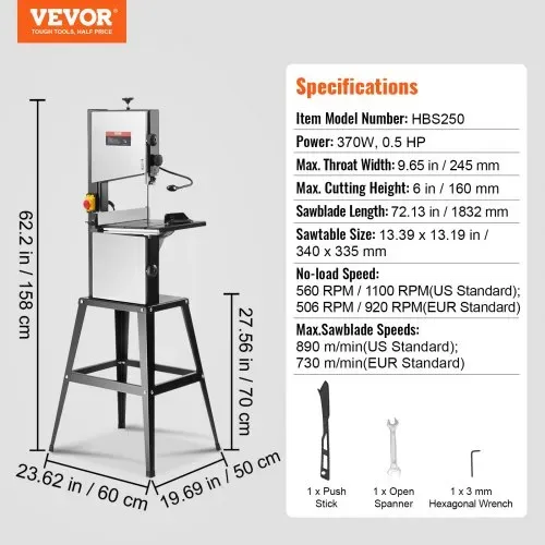 VEVOR Bandsäge mit Ständer, 9,65 Zoll, 506 U/min / 920 U/min, Tischbandsäge mit zwei Geschwindigkeiten, 370 W, 1/2 PS-Motor, 6 Zoll Schnitthöhe, 72,13 Zoll Sägeblattlänge, mit Anschlag und Gehrungsanschlag, für die Holzbearbeitung von Aluminium und Kunststoff – Bild 6