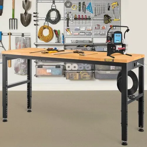 VEVOR Höhenverstellbare Werkbank 122 x 61 x 72 - 97 cm Spanntisch, 900 kg Gewichtskapazität Arbeitstisch, Braun Klappbare Werkzeugbank aus Kaltgewalzter Stahl, Multifunktionswerktisch für Werkstatt – Bild 7