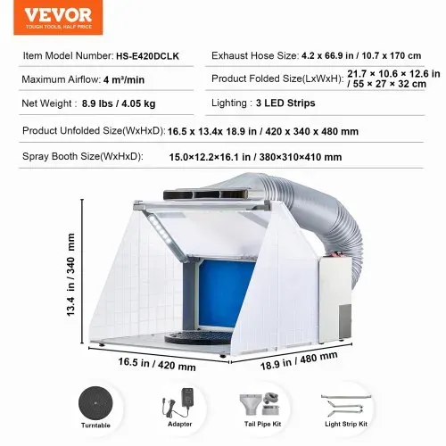 VEVOR Airbrush Spritzkabine, Airbrush-Farbspritzkabinen-Set 4 m³/min, mit LED-Leuchten, Abluftventilator und Abluft-Verlängerungsschlauch, zum Bemalen von Modellen, Kunst, Handwerk, Modellkuchen – Bild 6