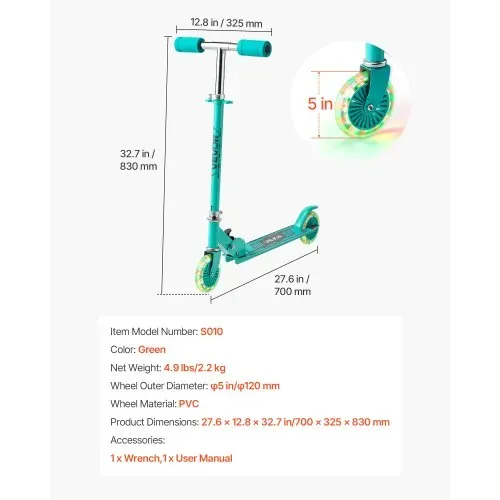 VEVOR Scooter (2 Räder) für Kinder ab 3 Jahren, Cityroller Kinderroller mit leuchtenden Rädern & höhenverstellbarem Lenker & rutschfestem Deck & faltbarem Rahmen, Tretroller bis zu 50 kg, Grün – Bild 6