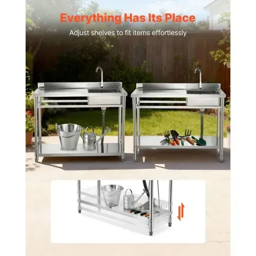 VEVOR Spültisch Spülbecken Edelstahl (120 x 50 x 94 cm), Einzelbecken mit Wasserhahn & Ablage, Küchenspüle für Garage Restaurant Wäscherei, Waschtisch Außenspüle mit Arbeitsplatte (links) – Bild 2